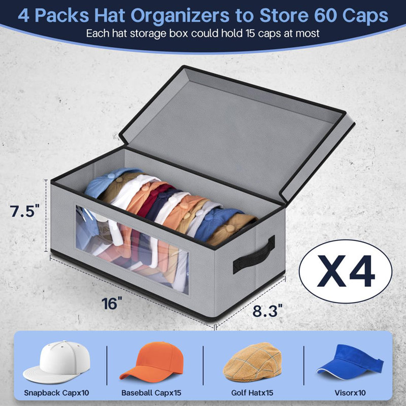 Stackable Hat Organzier For Baseball Caps, 4 PCS Hat Storage Boxes For Closet Hold 60 Caps With Cardboard, Grey