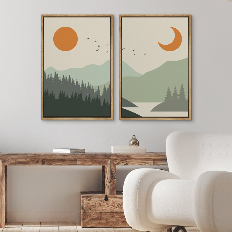 Sun and Crescent Moon Over Green, H 24 po x l 32 po x P 1,5 po, Brun