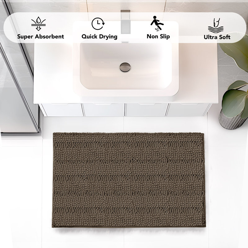 4 Pc Non-Slip Soft Plush Shaggy Chenille Striped Bathroom Rugs, Brown, 18" L x 48" W