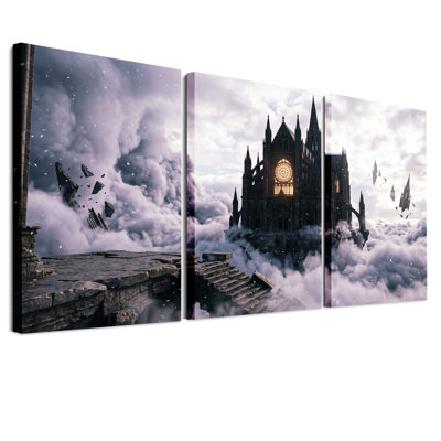 Cathédrale gothique flottant dans les nuages, ensemble de 3 toiles murales pour l'Halloween