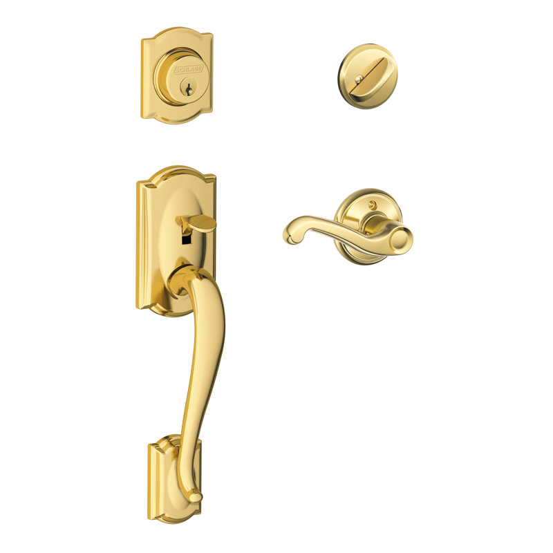 Camelot Handleset with Deadbolt and Flair Door Lever and Rosette, Right Hand, Lifetime Brass