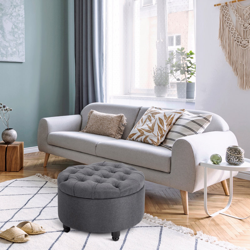 Round Linen-Touch Fabric Storage Footstool Ottoman Button Tufted Footrest With Removable Lid