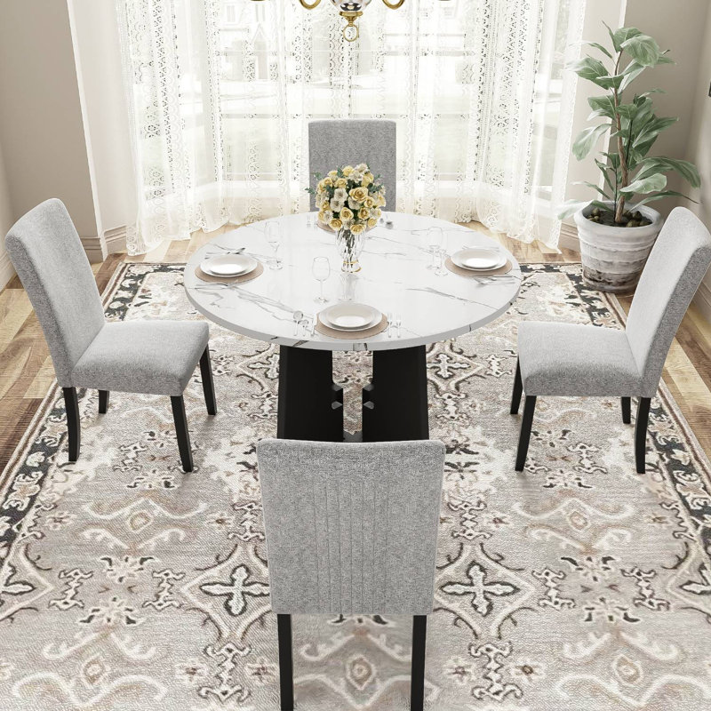 Polett Round Dining Set, White Table with Gray Chairs