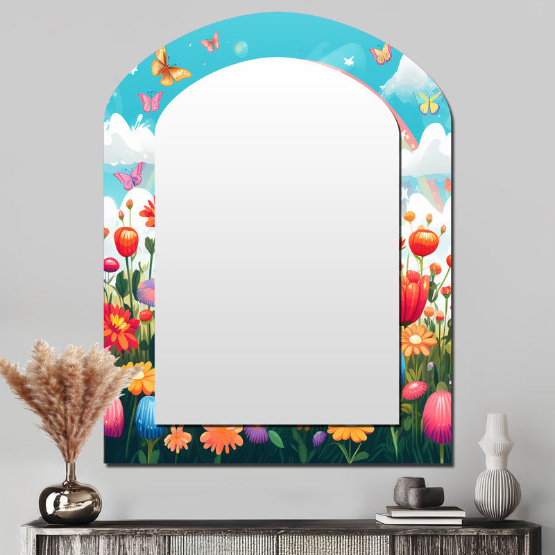 «Orange Monarch Butterfly Idyllic Flowerfield II», miroir décoratif à arc papillon, miroir mural asymétrique moderne