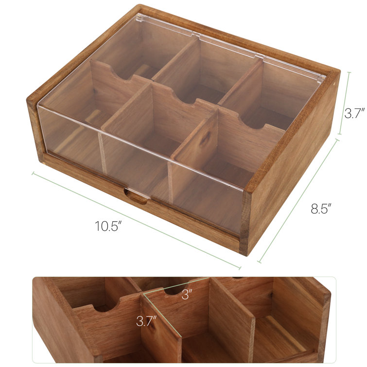 6 Compartment Bamboo Tea Bag and Coffee Accessories Storage Organizer with  Transparent Glass Lid, Natural