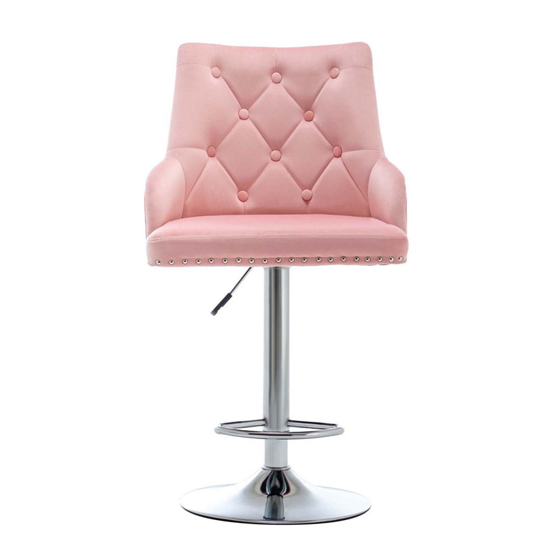 Swivel Upholstered Adjustable Height Counter Stool with Metal Frame, Pink, 1 Bar Stool