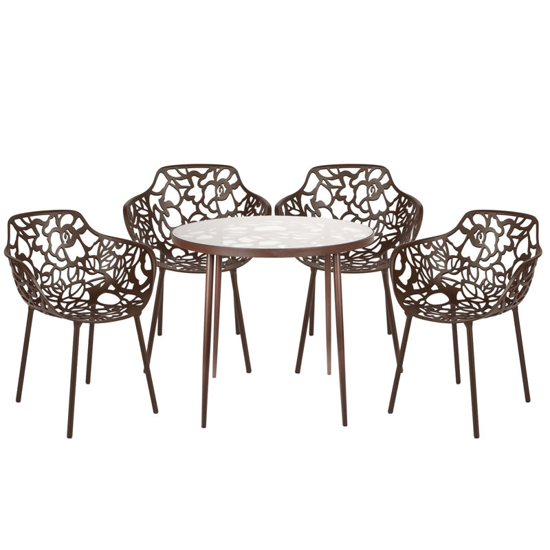 Sumler 5-Piece Aluminum Outdoor Patio Dining Set With Tempered Glass Top Table And 4 Stackable Flower Design Arm Chairs For Patio, Poolside, Balcony, And Backyard Garden