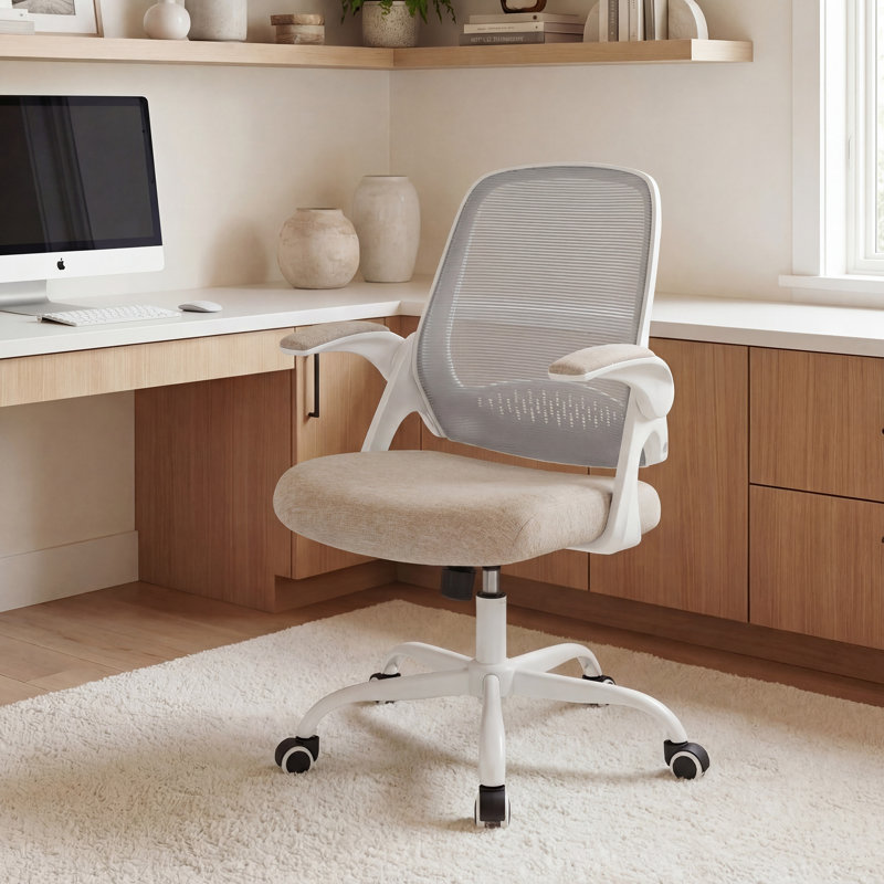 Ergonomic Mesh Home Office Chair with Armrests, Space-Saving Design and Steel Base, Beige, Steel