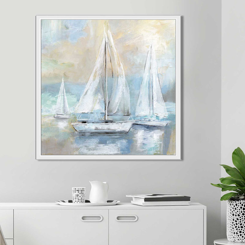 «Sail Away», reproduction de peinture acrylique, H 21,5 po x l 21,5 po x P 2 po, Cadre flottant blanc