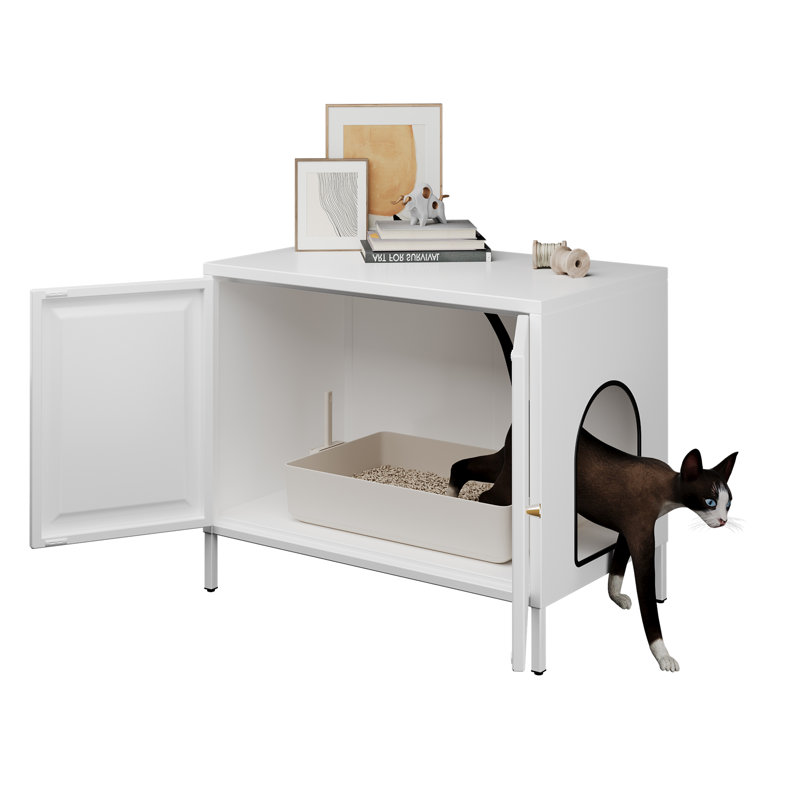 Cat Litter Box Enclosure,metal Cat Washroom Furniture With Barn Door, Indoor Pet House, Fit Most Of Litter Box, End Side Table,31.5" W*19.76" D*26.38" H,white