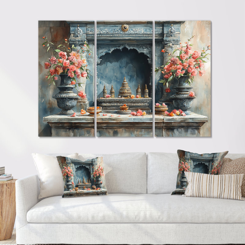 Puja indien moderne rose - ensemble de décoration murale d'art indien, Toile tendue, H 28 po x l 36 po x P 1 po