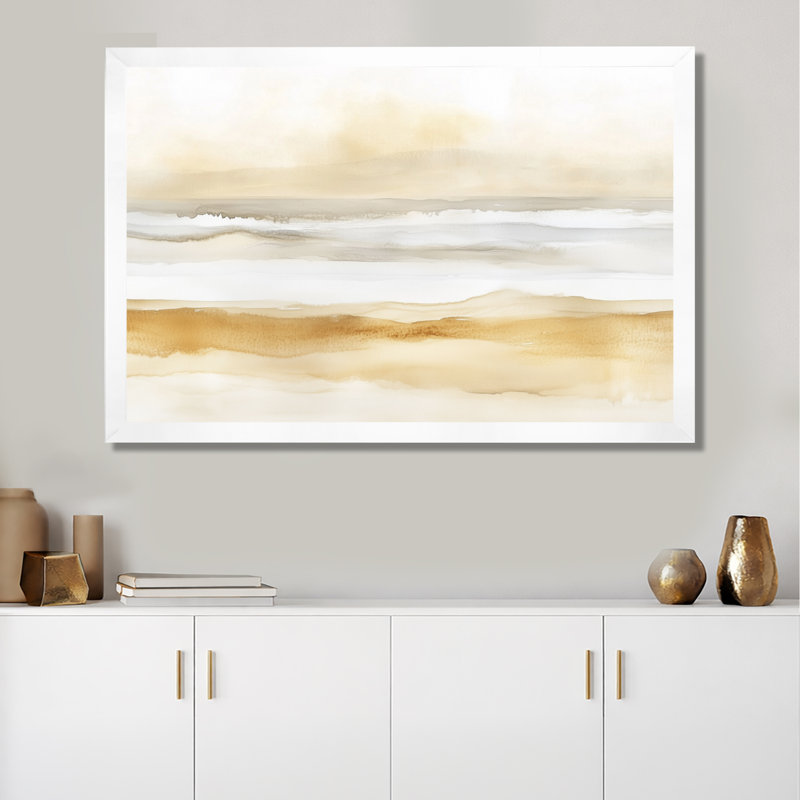 Blanc et or Horizon tropical blanc et or à la plage II - Tableau abstrait encadré, H 12 po x l 20 po, White Picture Framed