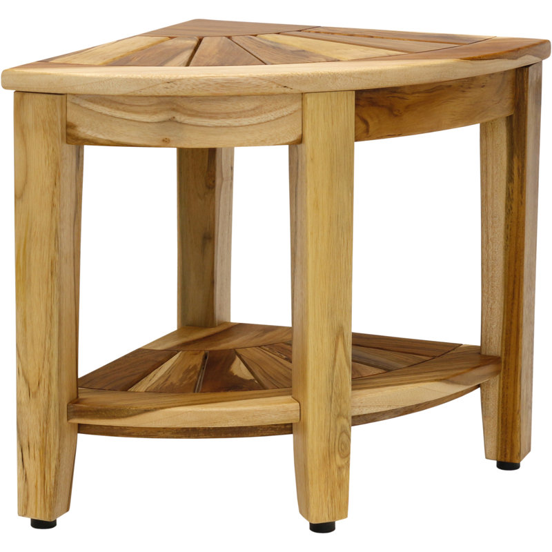 Kai 15.5" Clear Shield Corner Teak Shower Bench with Shelf, Clear Coat