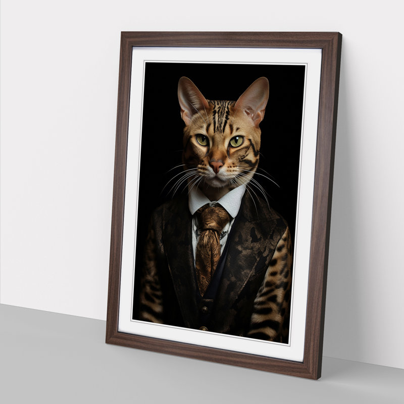Bengal Cat In A Suit - Single Picture Frame Print on Wood, 34cm H x 25cm W x 2cm D, Walnut