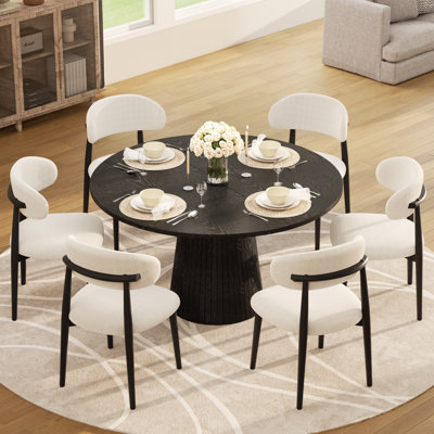 Ensemble de salle à manger de style Mid-Century pour 4-6 personnes, table à piédestal ronde en MDF et chaises en métal revêtues de lin