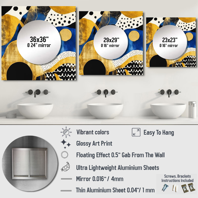 Rheems - Motif abstrait avec des textures bleues et dorées, miroir minimaliste carré XIII, décoration murale pour chambre à coucher