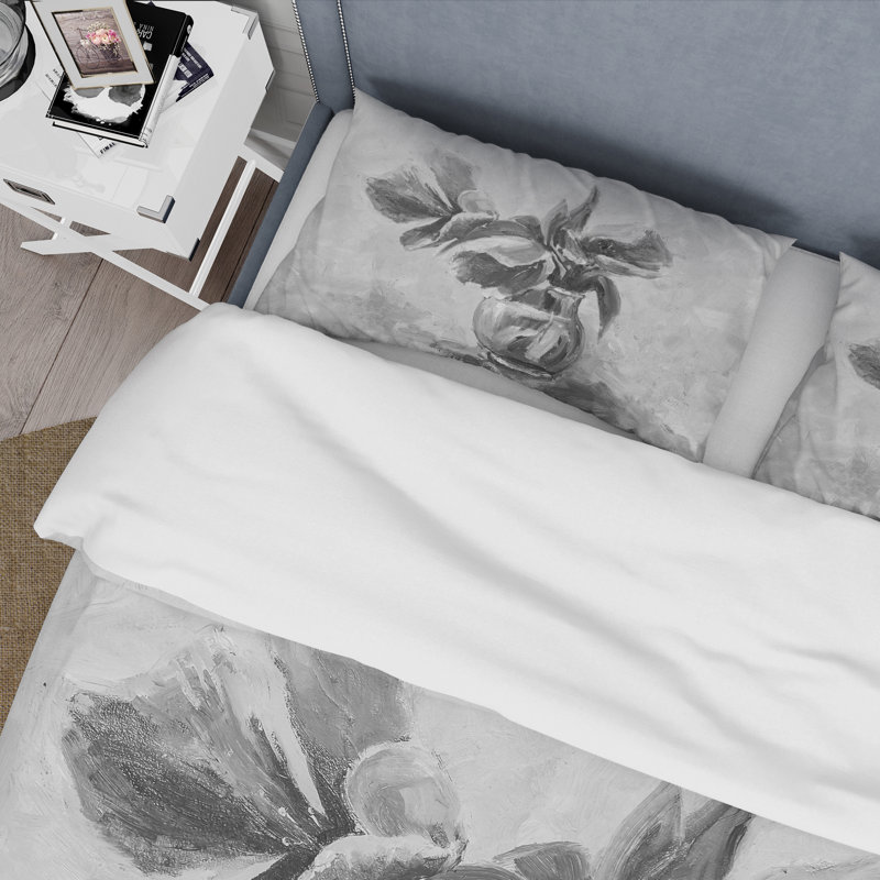 Nature morte monochrome de fleurs dans un vase - ensemble de housse de couette traditionnel - microfibre de polyester