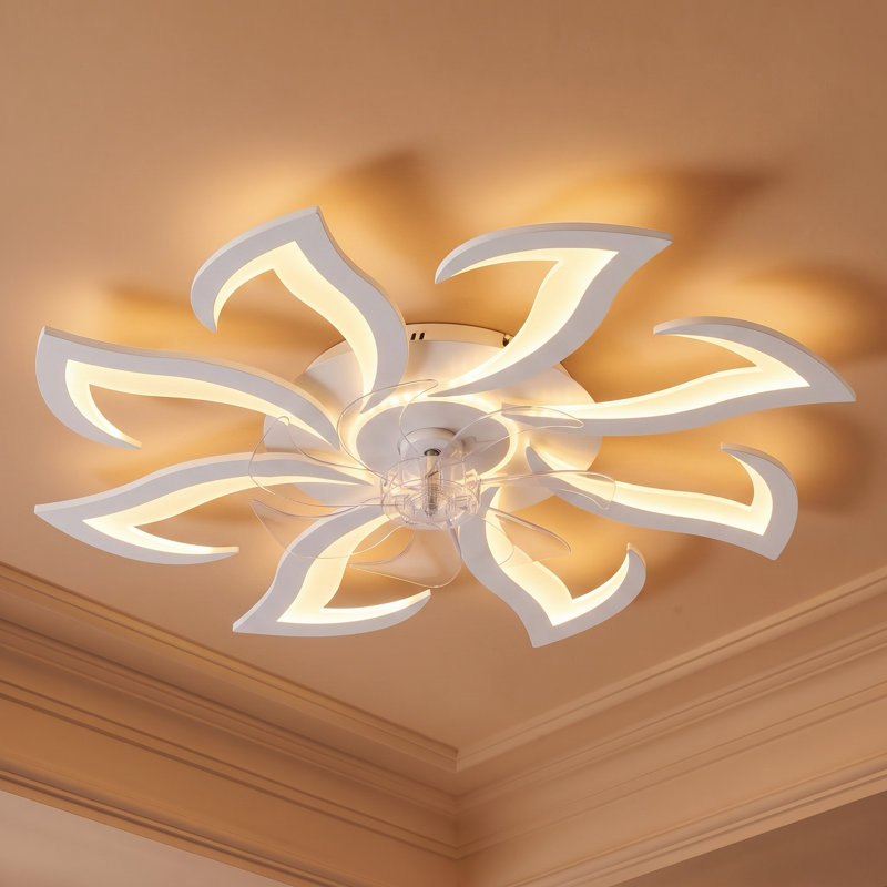 32" Modern 8-Petal Flush Mount Ceiling Fan with LED Light and Remote (White)