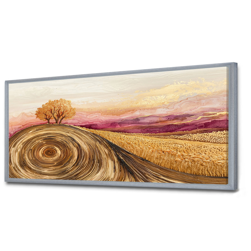 Doshia Country Side Rose Meadow avec champ de blé III - prairie, art mural, H 28 po x l 60 po, Impression encadrée flottante