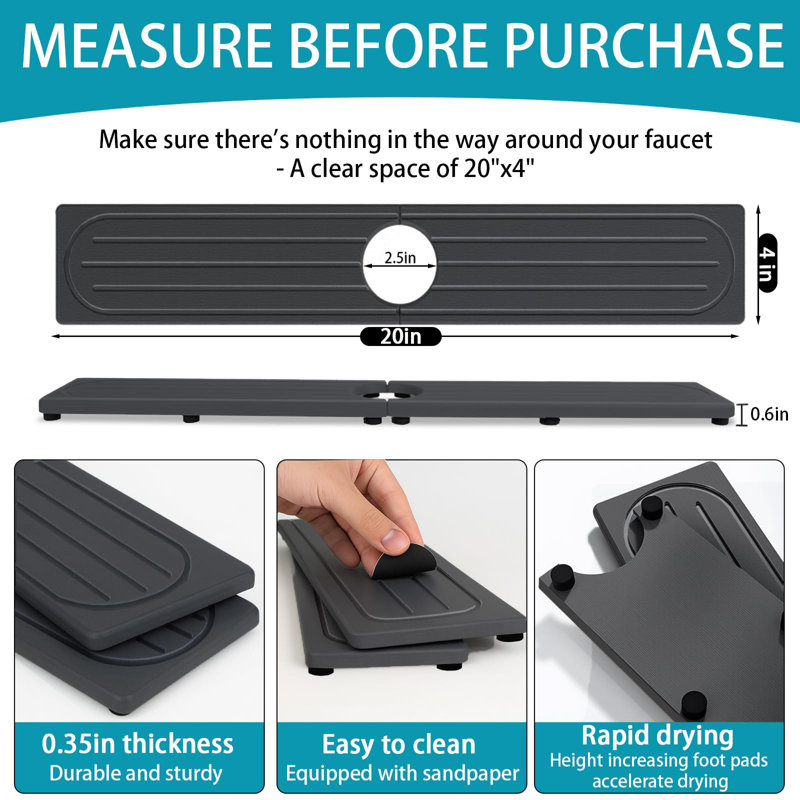 Fast Drying Diatomite Stone Faucet Mat For Kitchen Sink, 20X4 Inch Water Absorbent Sink Tray With Anti-Slip Feet, Splash Guard Protector For Bathroom Countertop