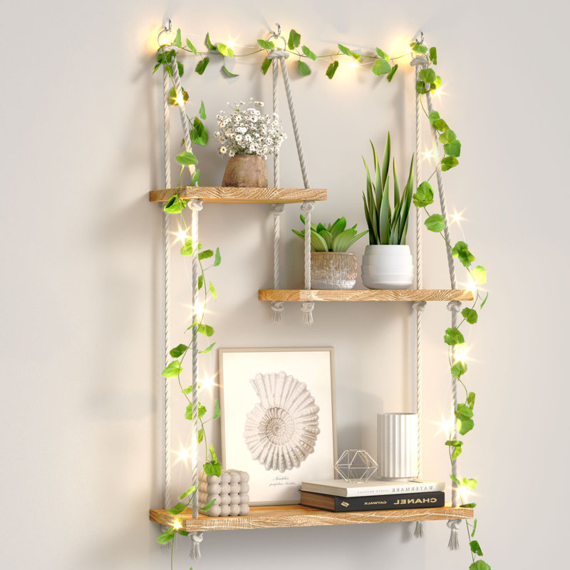 Étagères en bois à 3 niveaux suspendues en macramé, support de rangement mural flottant Boho avec lierre artificielle, étagère de balançoire en corde pour la décoration des plantes de cuisine de la chambre à coucher, capacité de poids totale de 24 lb