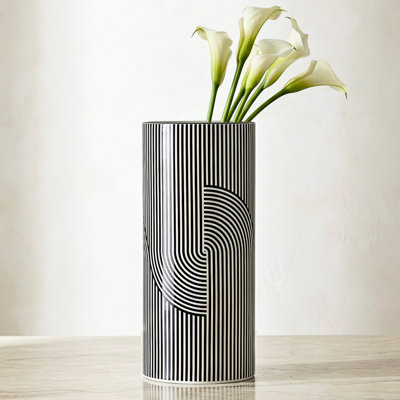 Op Art 12" Cylinder White Ceramic Vase