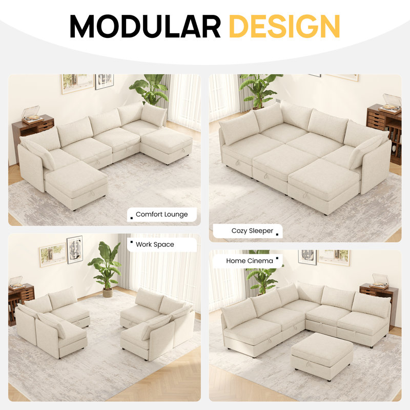 6-Seat Modular Sectional Sofa with Hidden Storage, Convertible Sofa Couch with Soft Cushions, Beige Polyester