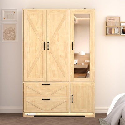 Armoire 72 "à 3 portes avec miroir, 2 tiroirs et tablettes réglables Farmhouse 