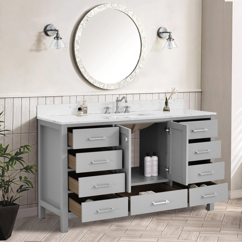 Meuble-lavabo 60 po en bois massif gris avec lavabo simple et tiroirs à fermeture en douceur