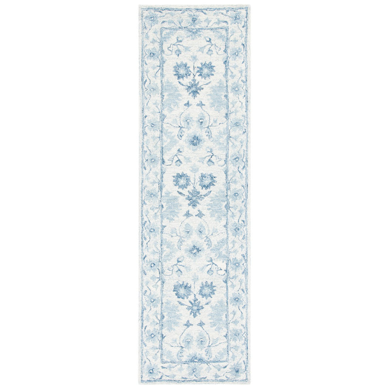 Tapis bleu / ivoire en laine touffeté à la main Lethe, Tapis de couloir 2 pi 3 po x 8 pi