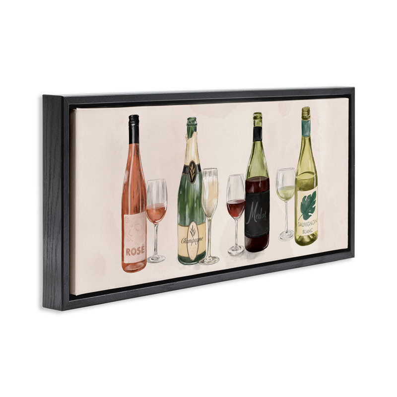 Diverses bouteilles de vin et de champagne, H 11 po x l 25 po, Cadre flottant noir de jais