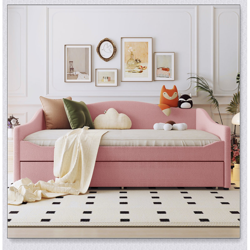 Upholstered Daybed With Light And Trundle, Pink