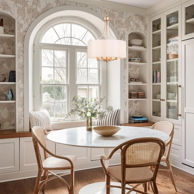 Gold Chandelier For Dining Room, 4-Light Modern Gold Drum Chandelier With White Fabric Shade For Living Room, Kitchen, And Bedroom
