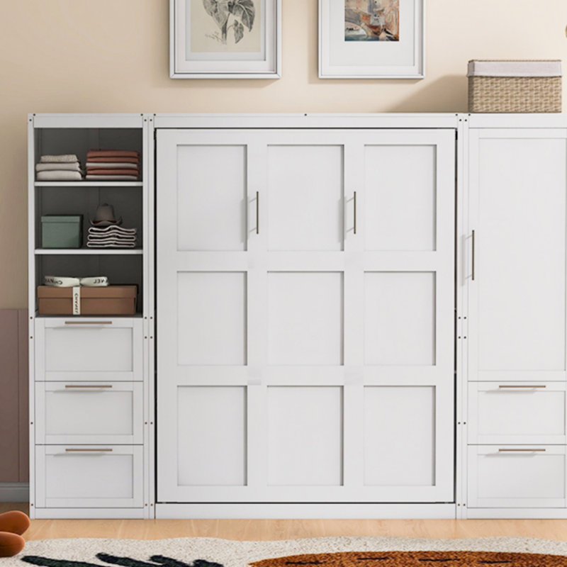 Lit escamotable Murphy avec placard, tiroirs et tablettes, cadre de lit, Blanc