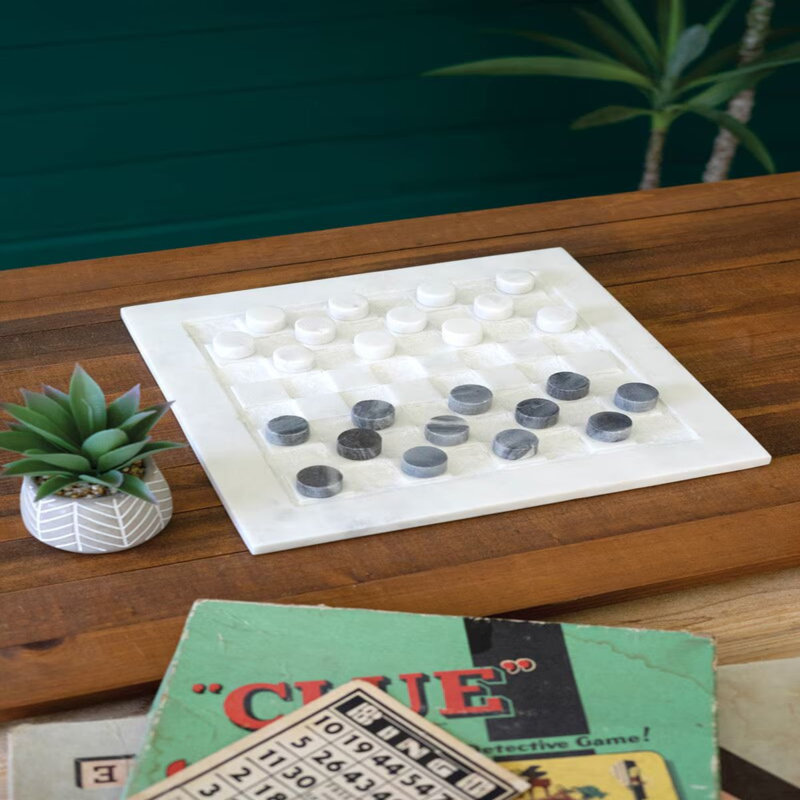 Ensemble de jeu Kalalou Marble Checker H 0,5 po, pierre naturelle polie blanche