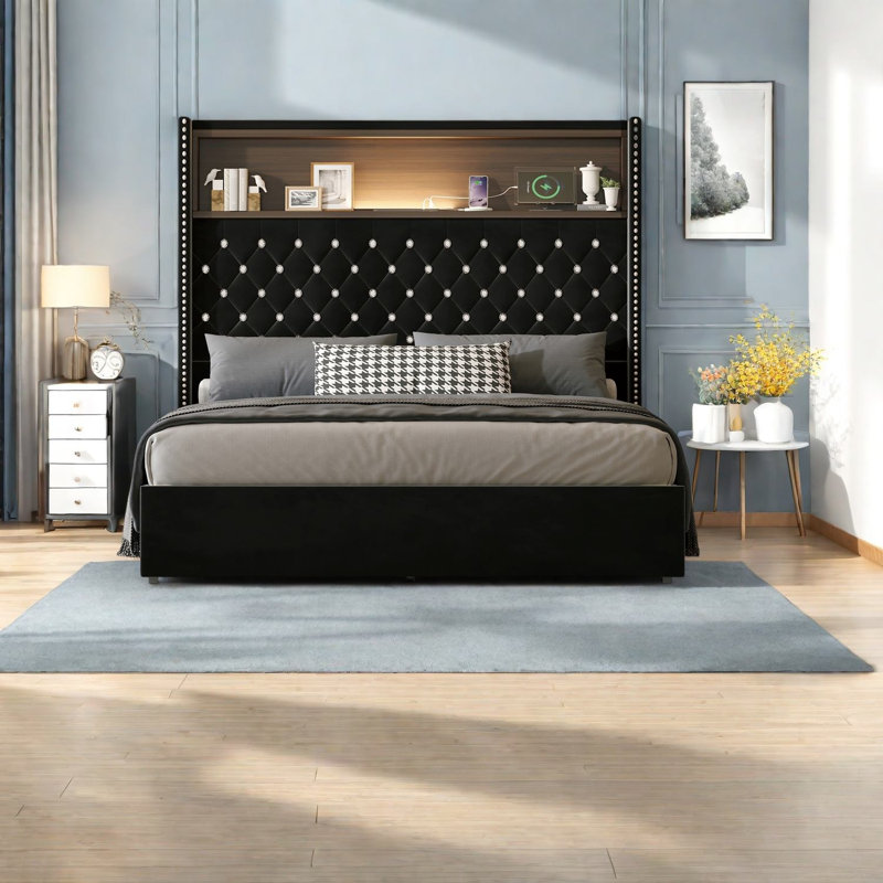 Luxueux lits en velours, finition noire avec USB et veilleuse
