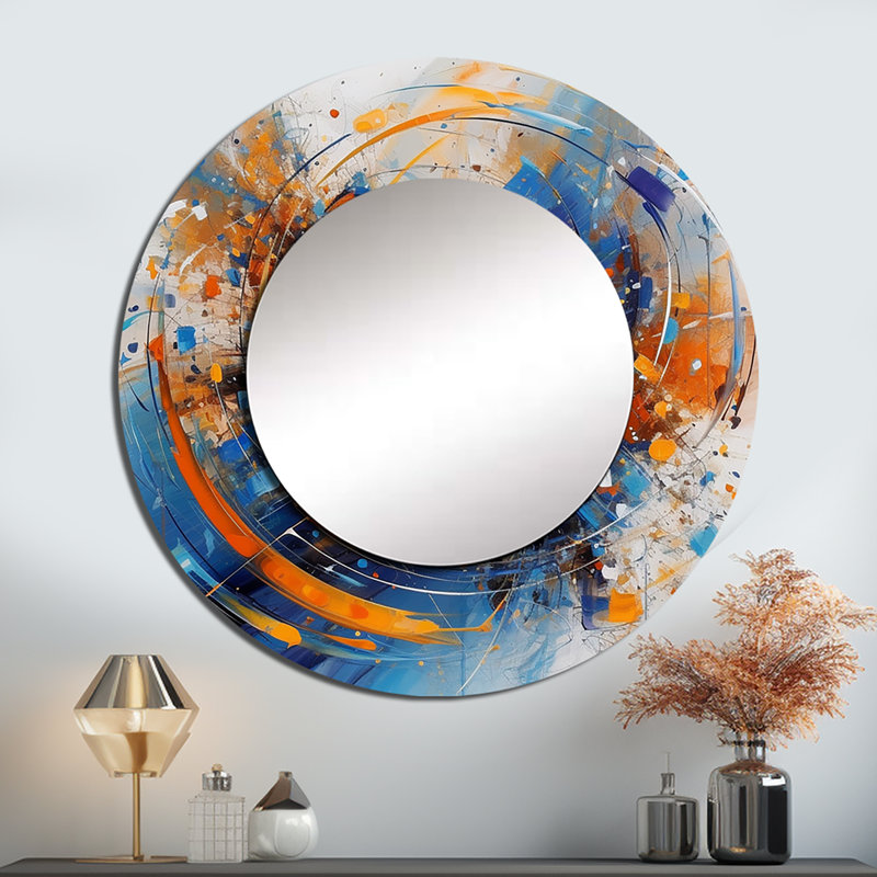 Quentina bleu et orange espace - grand miroir de paysage de surréalisme, décor de miroir mural traditionnel unique, impression d'art en métal