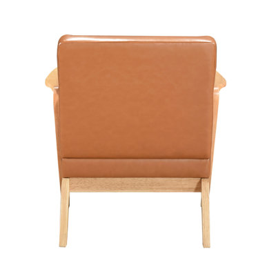 Chaise d'appoint en bois d'hévéa massif avec revêtement en similicuir brun et panneau de fabrication de forme naturelle