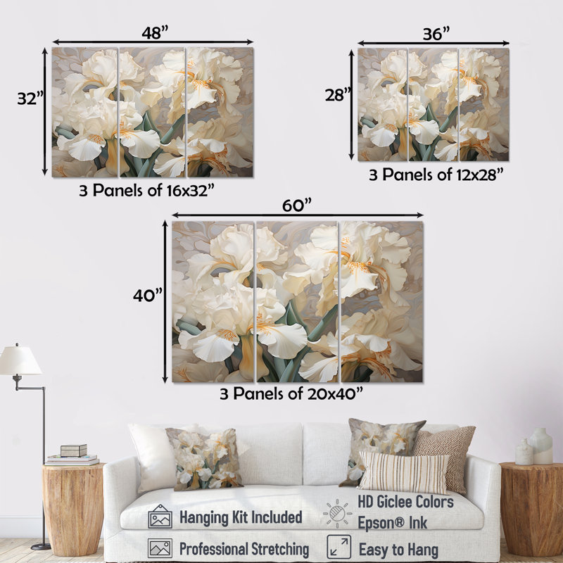 «Beige minimalisme Iris Radiant Petals», ensemble d'impressions d'art mural, H 28 po x l 36 po x P 1 po, Toile tendue