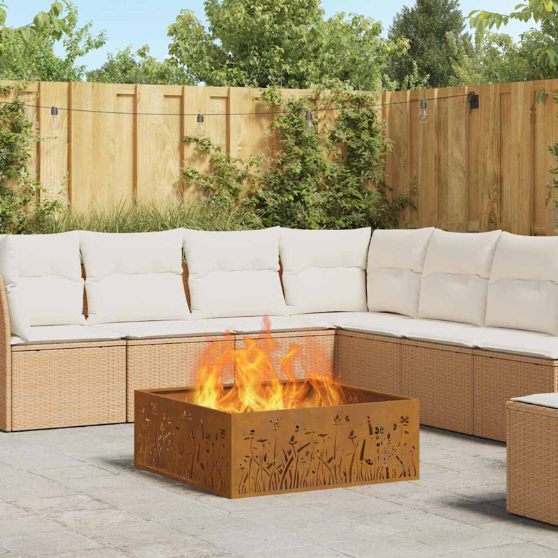 Modern Steel Fire Pit, Brown, 30cm H x 80cm W x 80cm D