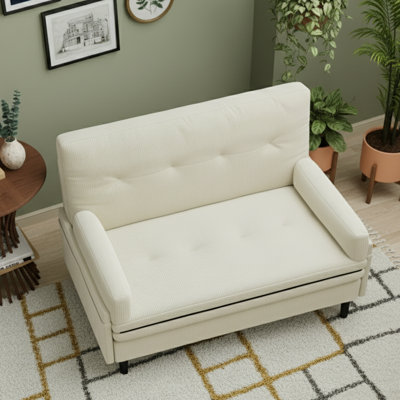 Causeuse convertible 55,5 po en velours côtelé ivoire - Petit fauteuil pour dortoir / appartement