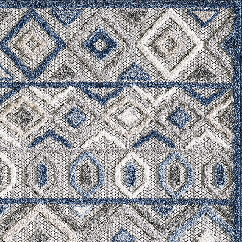 Samah Geometric Indoor / Outdoor Area Rug, Rectangle 6'7" x 9', Grey/Blue