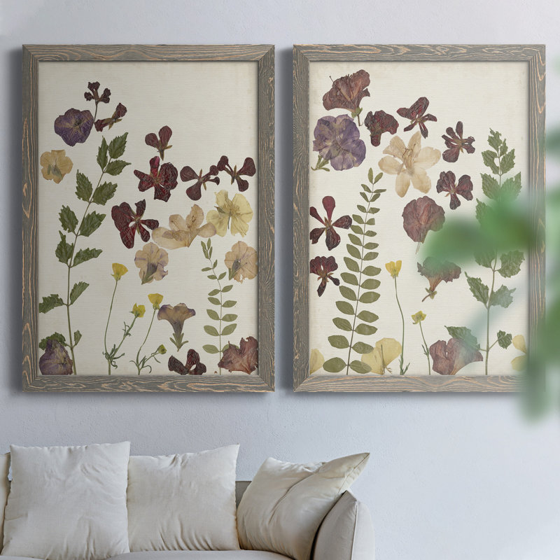 Pressed Flower Arrangement V - Ensemble de 2 reproductions d'art, H 37,5 po x l 55 po x P 1,5 po, Toile avec cadre gris
