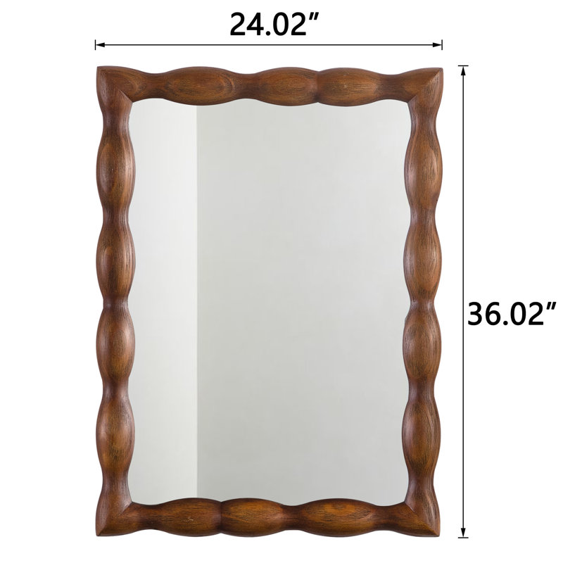 Marka 24''x36'' Natural Solid Pine Wood Frame Rectangle Flat Wall Mirror Wavy Design For Entry way&Bathroom, Walnut Brown