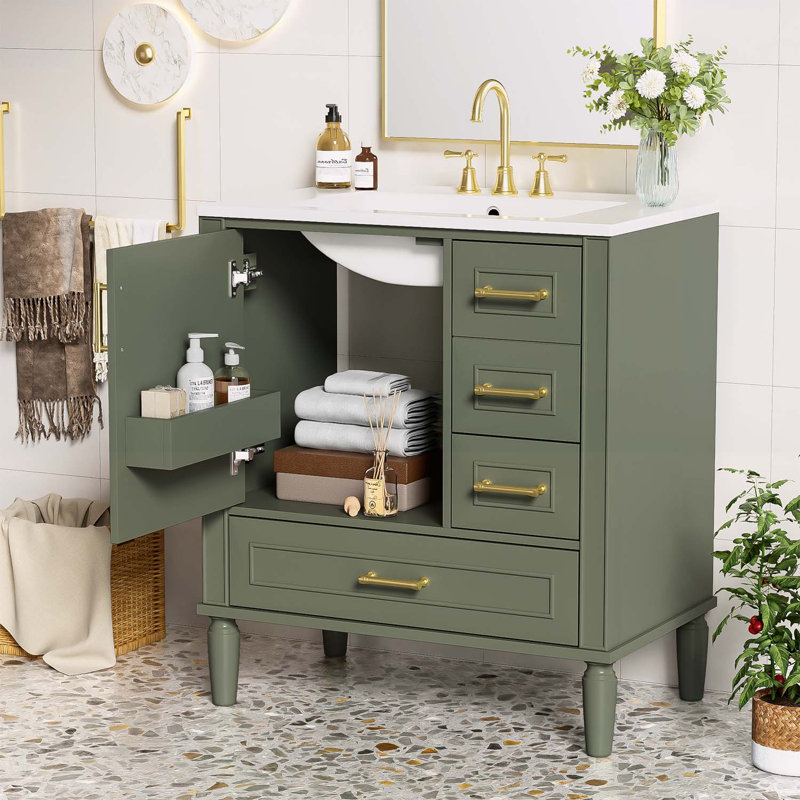 Meuble-lavabo moderne avec plusieurs options de rangement et un design fonctionnel, Vert olive