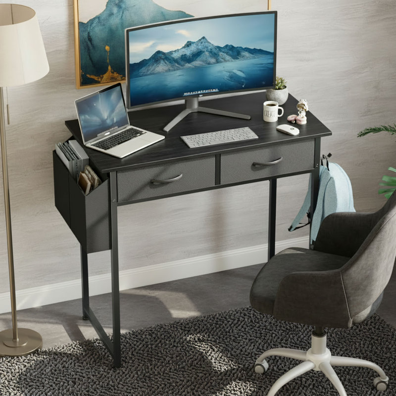 Petite table polyvalente unie noire, bureau de chambre à coucher, table de jeu et d'étude, avec tiroirs en tissu, poches latérales, crochets pour écouteurs et pieds réglables.