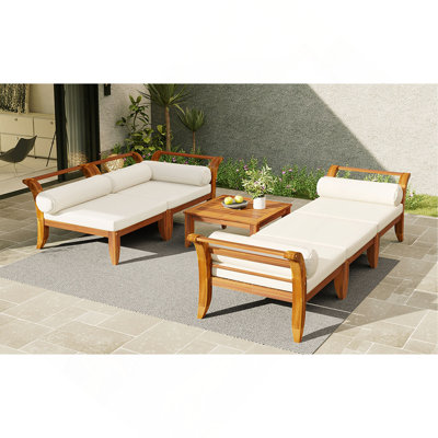 Ensemble de canapé de patio 6 pièces, ensemble de conversation modulaire d'extérieur en bois d'acacia, ensemble de conversation en forme de L, lit de jour convertible avec table à thé, repose-pieds, 5 coussins et coussins