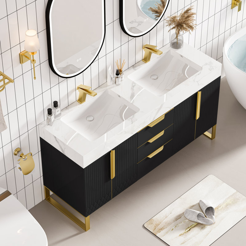 Aro 59" Double Sink Freestanding Bathroom Vanity Drawers & Doors Faux Marble Top, Brown