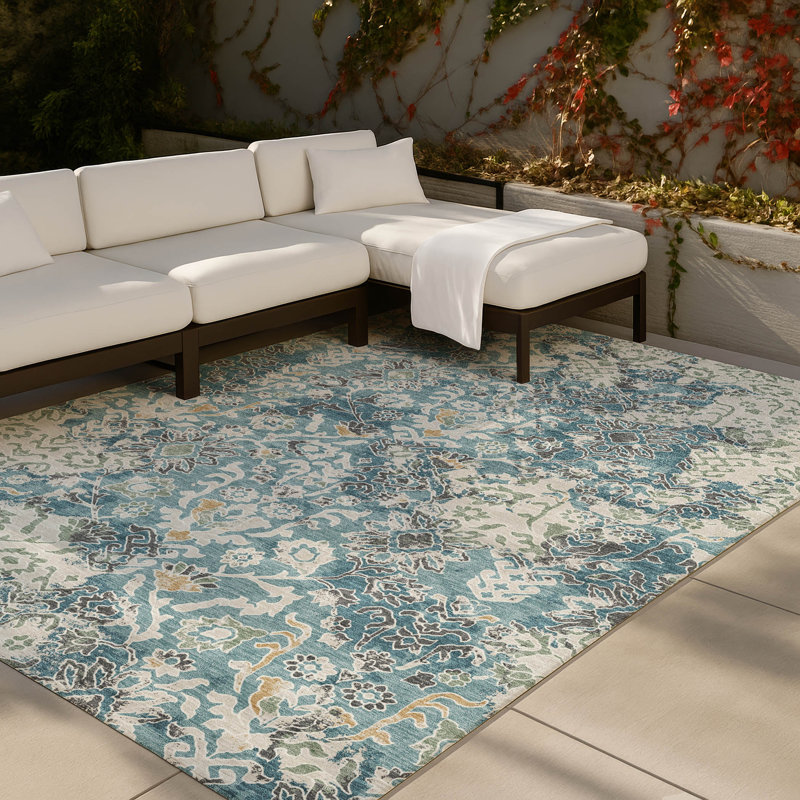 Tapis traditionnel lavable à la machine intérieur / extérieur ACN2584, Bleu sarcelle, 5 pi x 7 pi 6 po