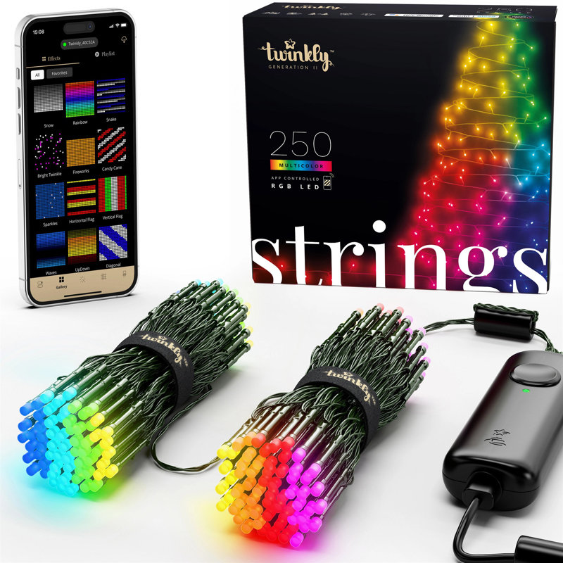 Twinkly Strings 250 Rgb Leds, In- And Outdoor Led Light String, Smart Multicolor Led Lights, Compatible With Homekit, Alexa And Google Home, Gaming, Ip44, App Control, Black Wire, 65.6ft